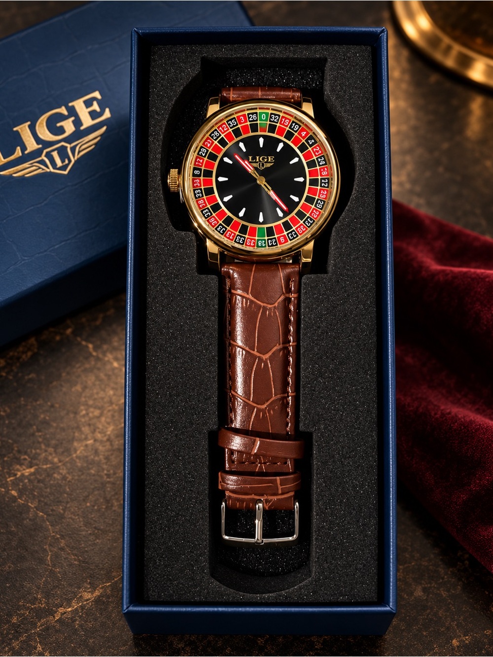 LIGE Men’s Casino Roulette Dial Watch – Gold Tone/Brown – New in Box
